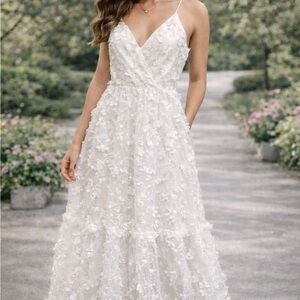 Lulus Springtime Soiree White Sequin 3D appliqué Midi Dress